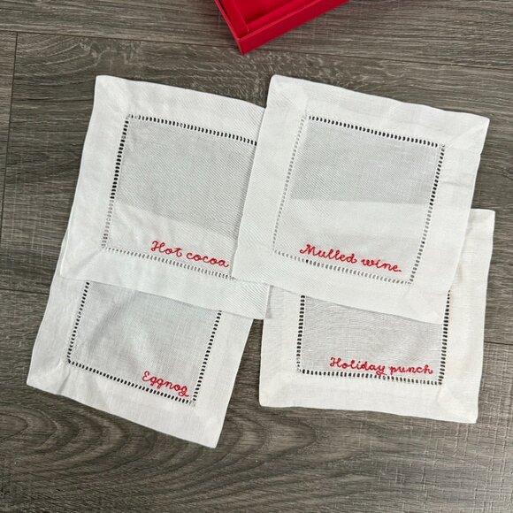 J Crew Set of 4 Holiday Embroidered Napkins in Box Limited Edition HTF - Picture 3 of 4